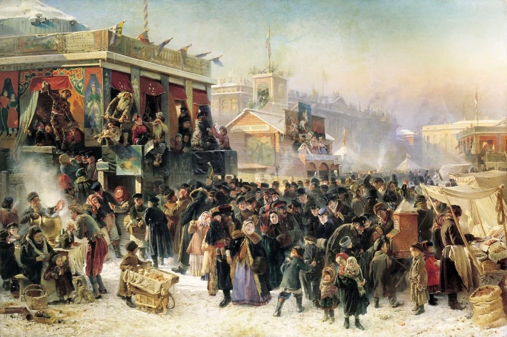 Feste popolari durante la Maslenitsa in Piazza dell'Ammiragliato a San Pietroburgo